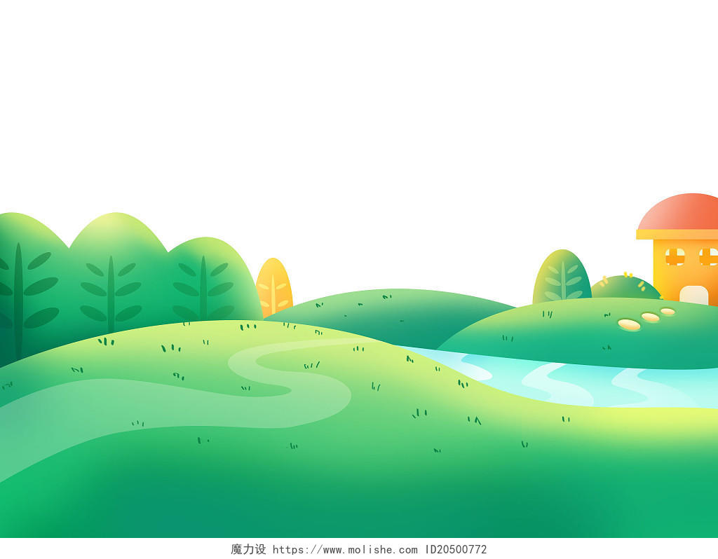 绿色手绘卡通草坡山坡草原花草树木春天风景元素PNG素材